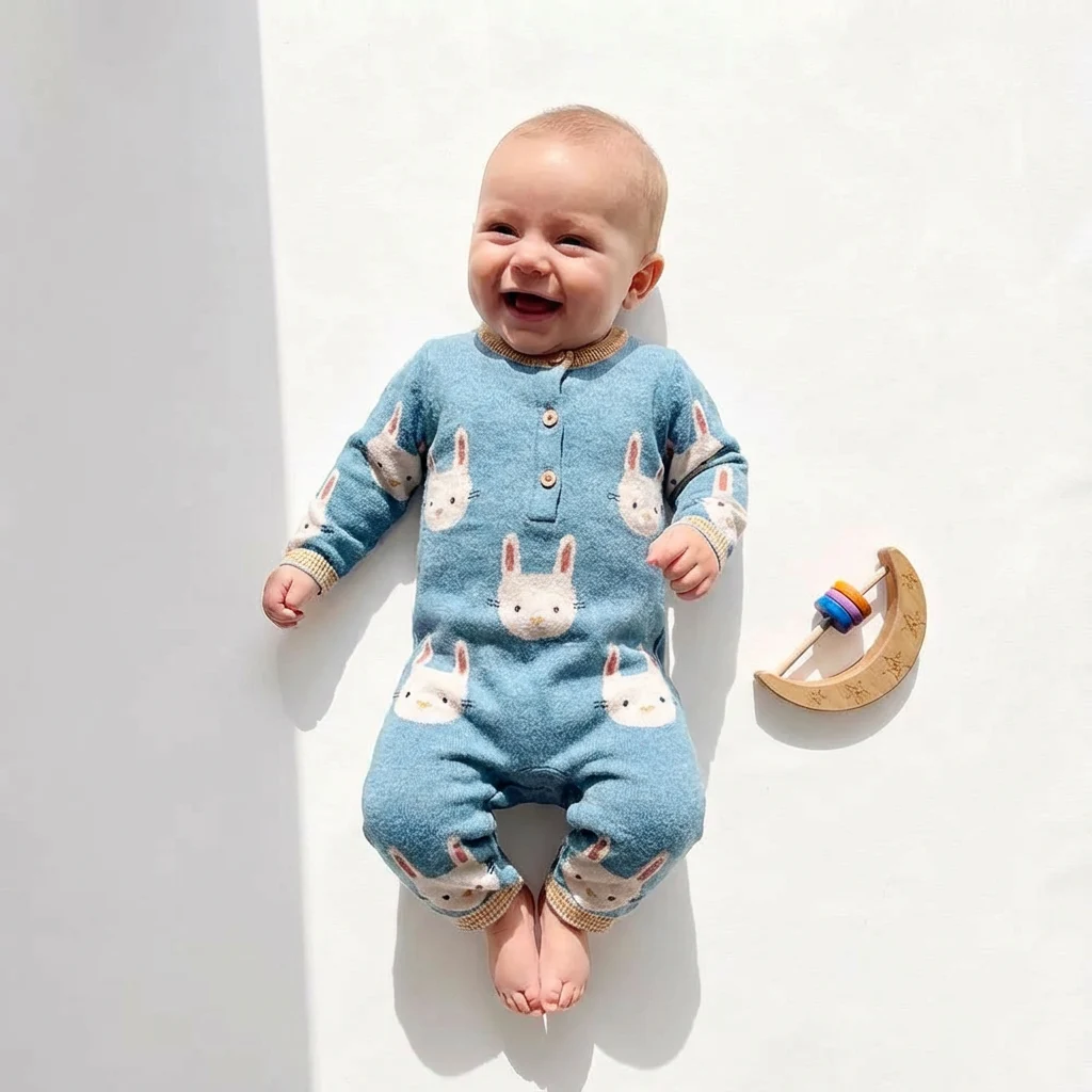تن خور سرهمی نوزادی بافت وارداتی طرح خرگوش رنگ آبی برند Jack & Mily