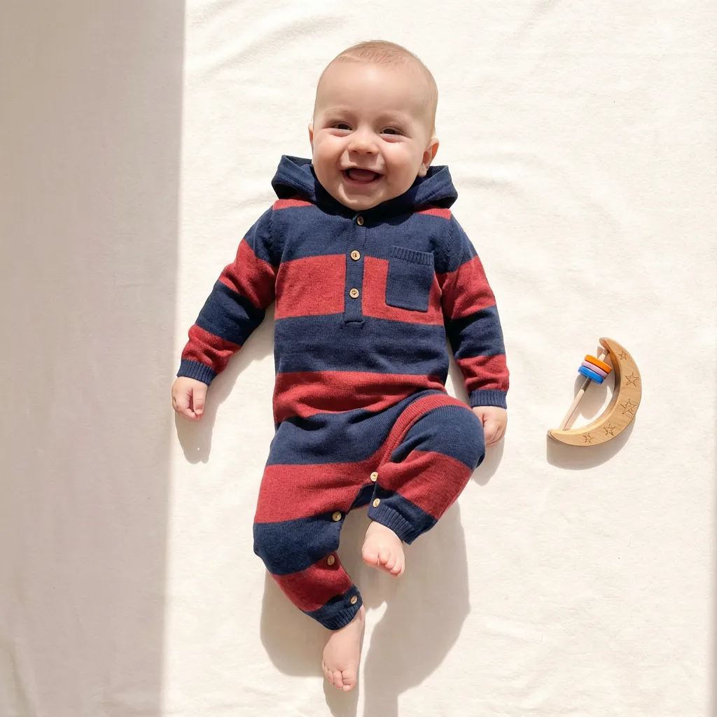 تن خور سرهمی نوزادی بافت وارداتی کلاه دار راه راه رنگ قرمز سرمه ای برند Next Baby