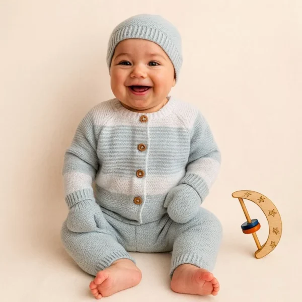 تن خور ست 4 تیکه وارداتی ژاکت و شلوار بافت به همراه کلاه و دستکش رنگ سفید آبی