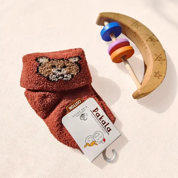 جوراب ساق بلند پشمی طرح خرس رنگ آجری