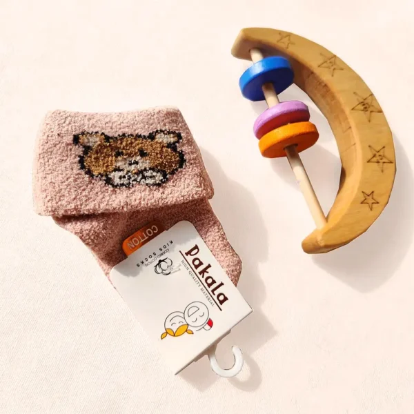 جوراب ساق بلند پشمی طرح خرس رنگ صورتی