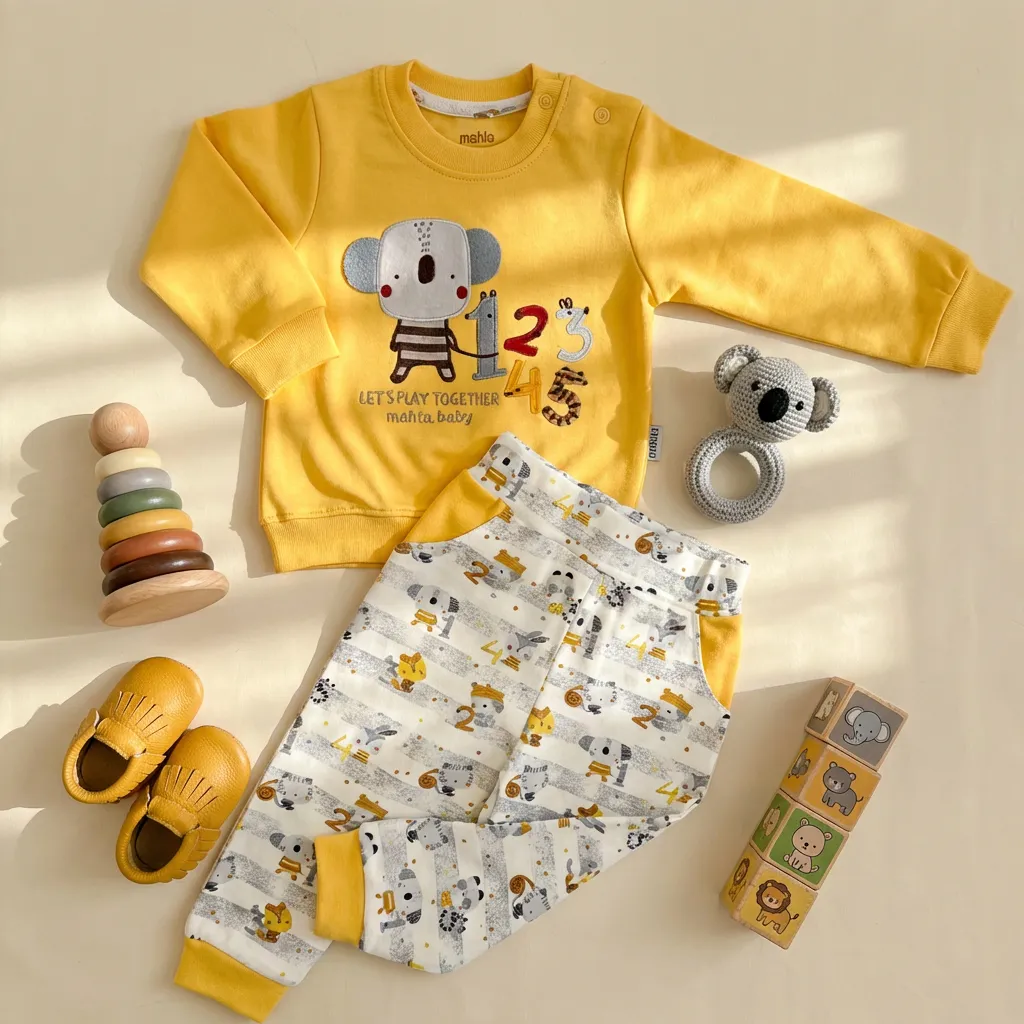 ست بلوز آستین بلند و شلوار طرح کوالا رنگ زرد