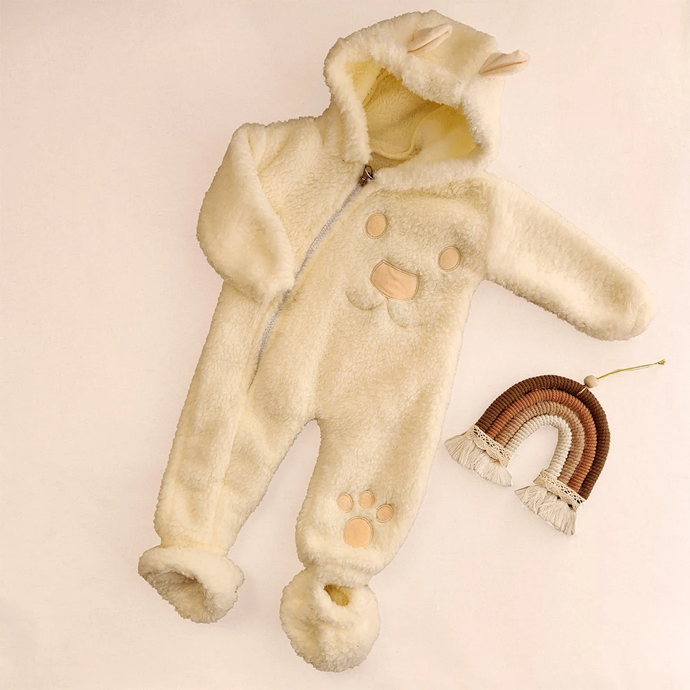 سرهمی تدی کلاه دار به همراه پاپوش مدل خرسی رنگ سفید شیری کد 10440