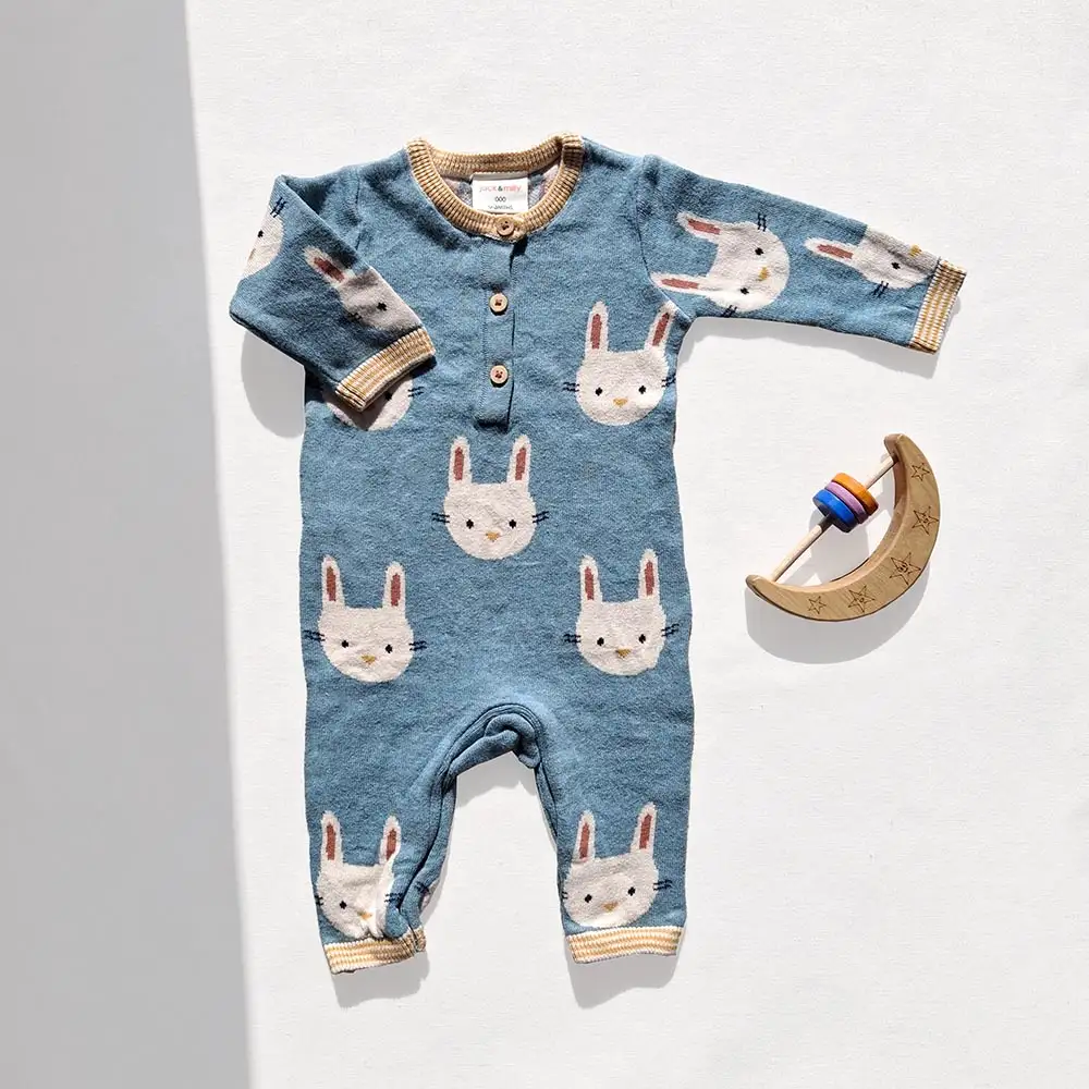 سرهمی نوزادی بافت وارداتی طرح خرگوش رنگ آبی برند jack & mily