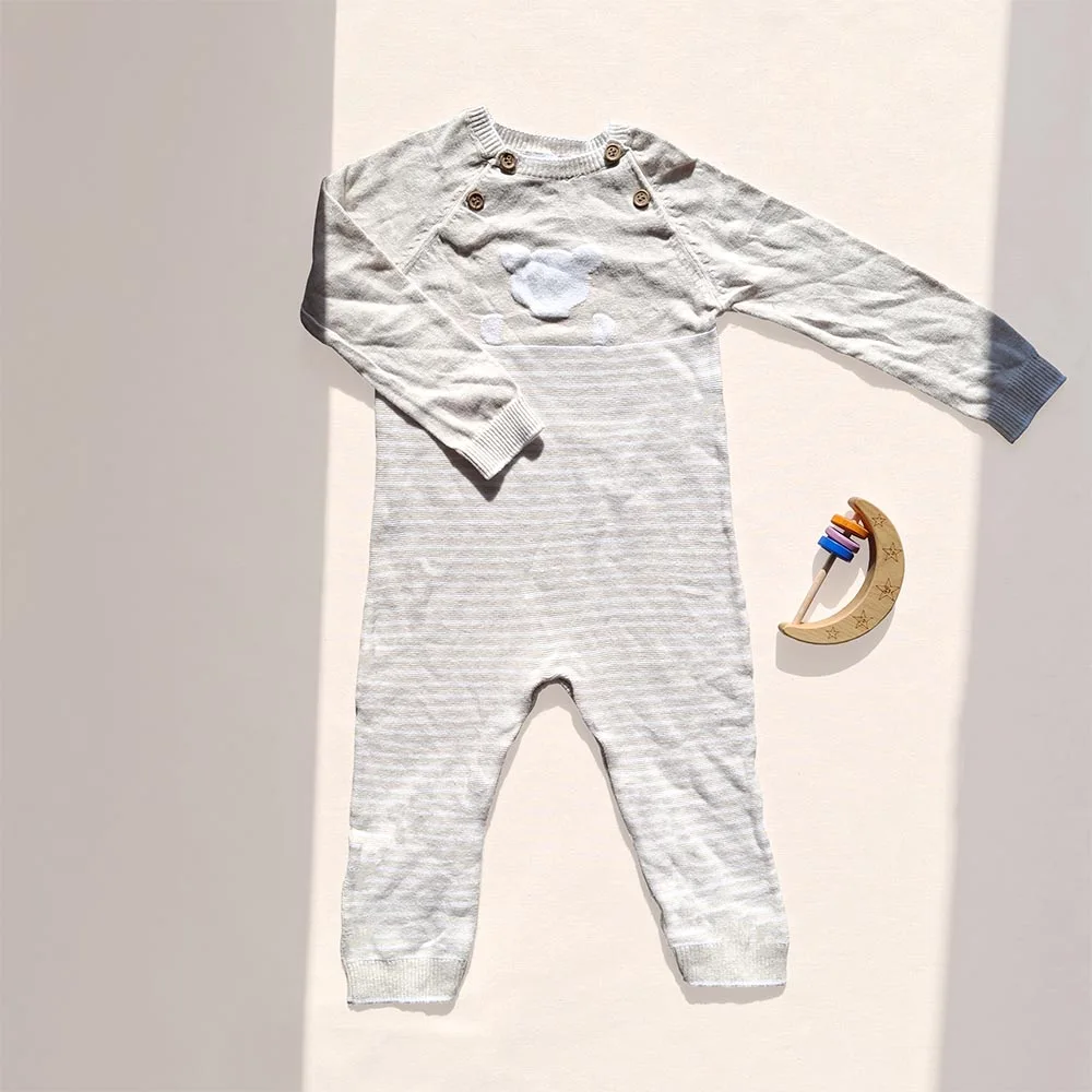 سرهمی نوزادی بافت وارداتی وارداتی راه راه طرح خرس رنگ کرم برند next baby