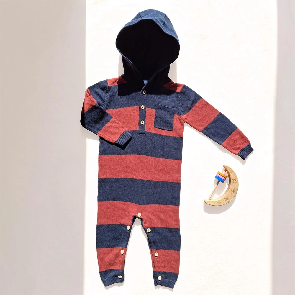 سرهمی نوزادی بافت وارداتی کلاه دار راه راه رنگ قرمز سرمه ای برند next baby