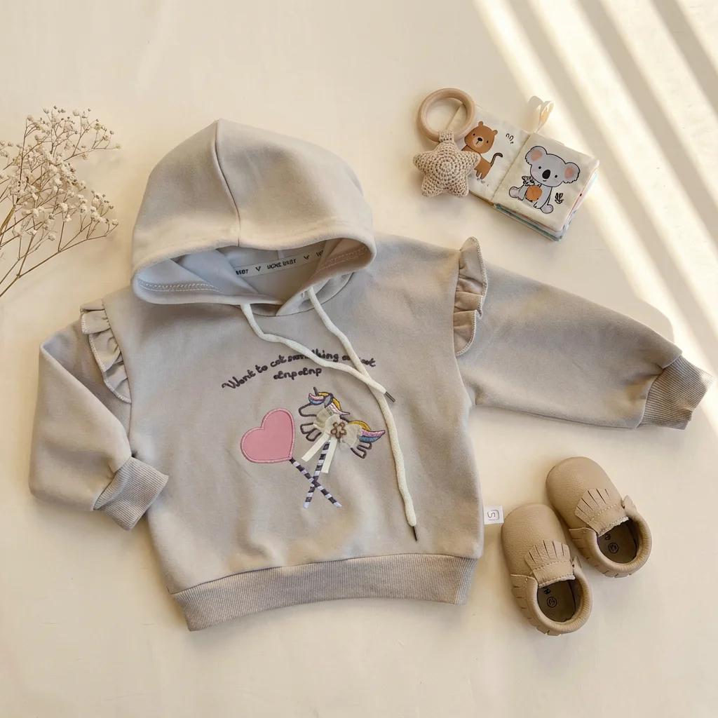 هودی وارداتی دو نخ دخترانه طرح یونیکورن رنگ کرم