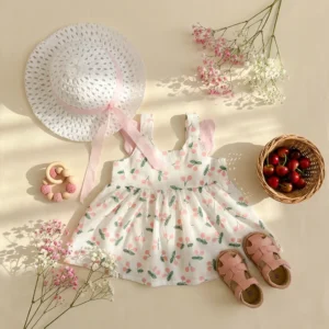 پیراهن دخترانه بالدار به همراه کلاه طرح گیلاس