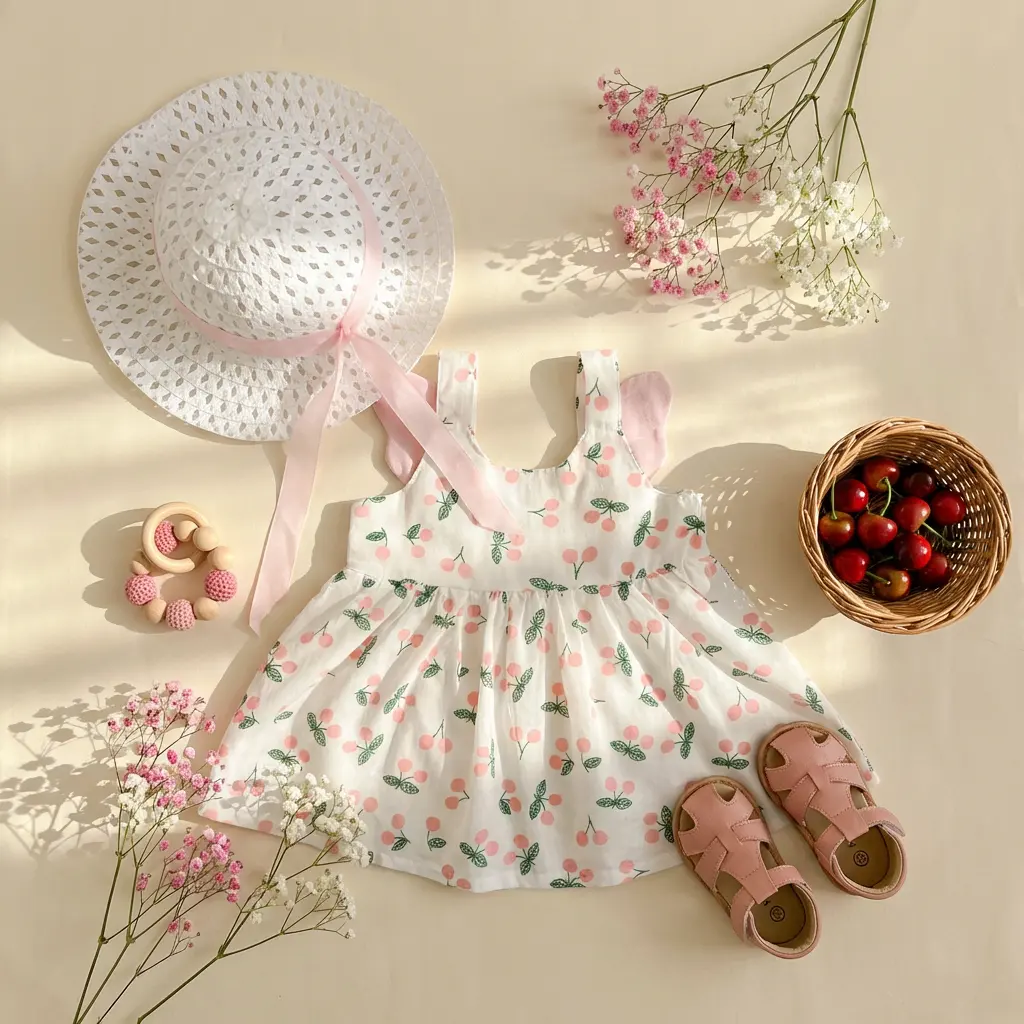 پیراهن دخترانه بالدار به همراه کلاه طرح گیلاس