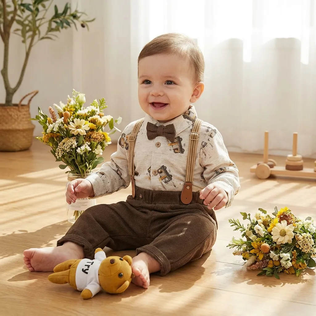 ست پسرانه 4 تیکه وارداتی ترک بادی شلوار به همراه پاپیون و ساس بند طرح ماشین رنگ کرم قهوه ای برند CARAVAN BABY