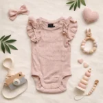 بادی آستین کوتاه وارداتی آستین چین دار رنگ صورتی برند H&M