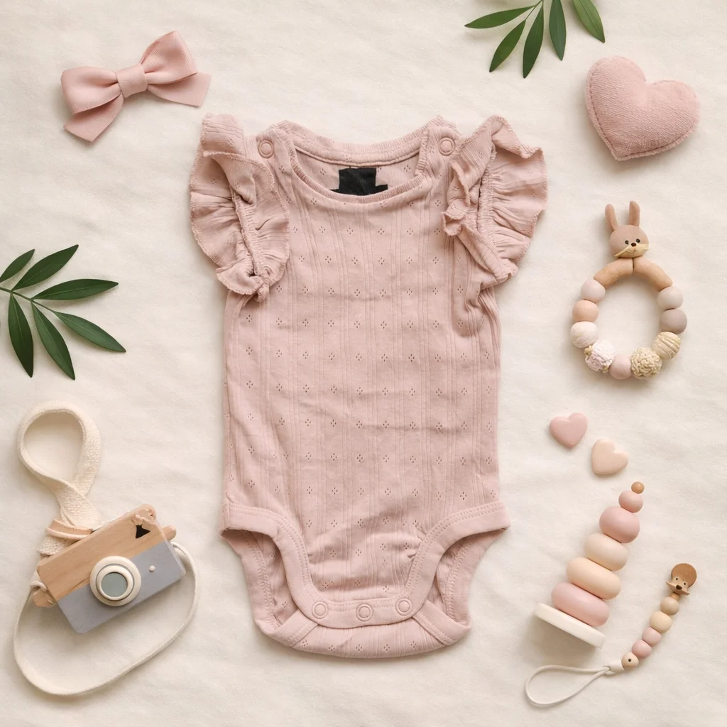 بادی آستین کوتاه وارداتی آستین چین دار رنگ صورتی برند H&M