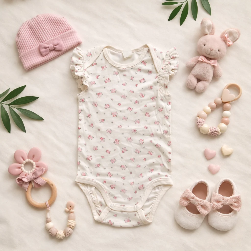 بادی آستین کوتاه وارداتی آستین چین دار طرح گل گلی رنگ شیری برند H&M