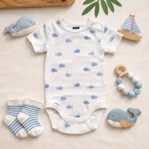 بادی آستین کوتاه وارداتی طرح دلفین های بامزه رنگ سفید برند H&M