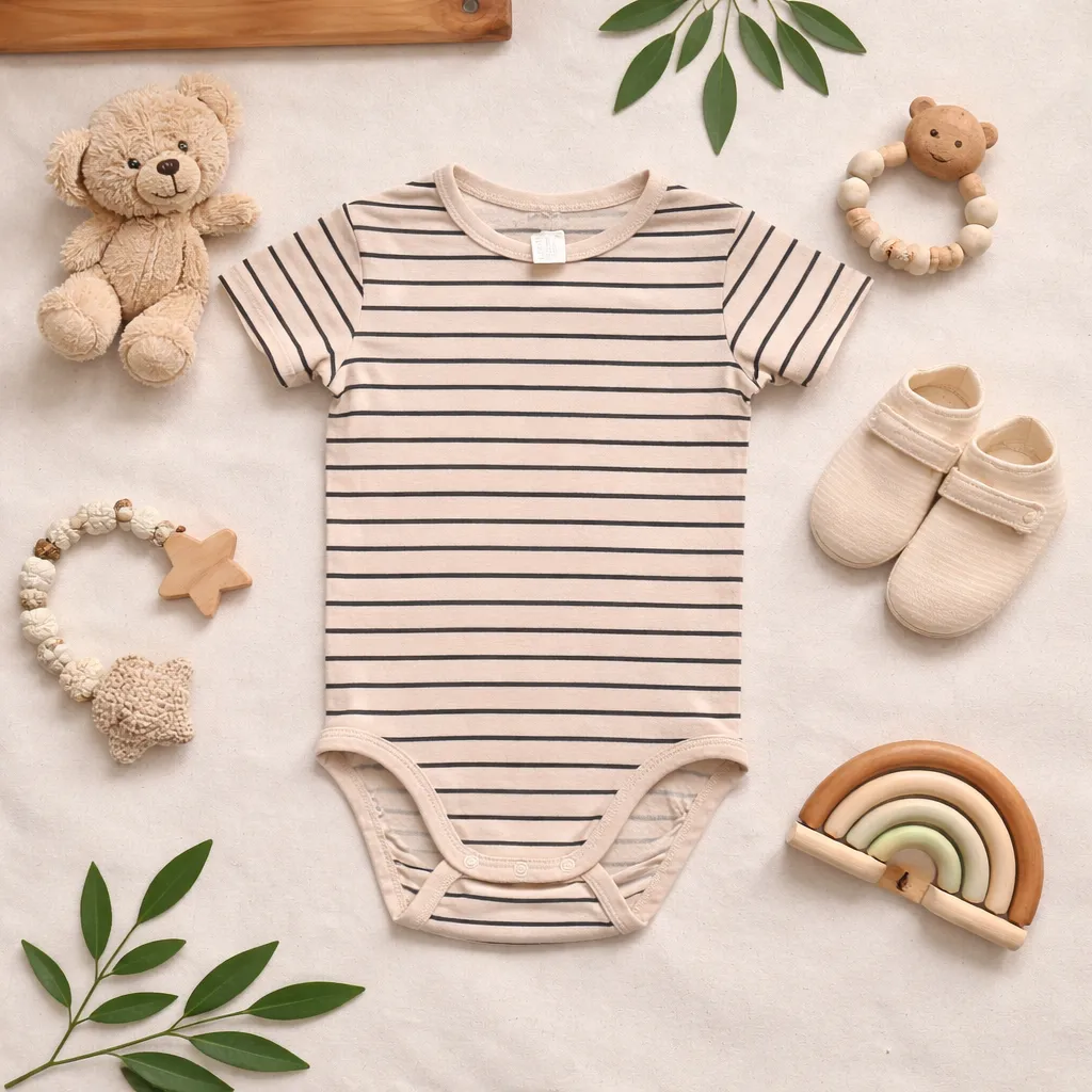 بادی آستین کوتاه وارداتی طرح راه راه رنگ کرم مشکی برند H&M