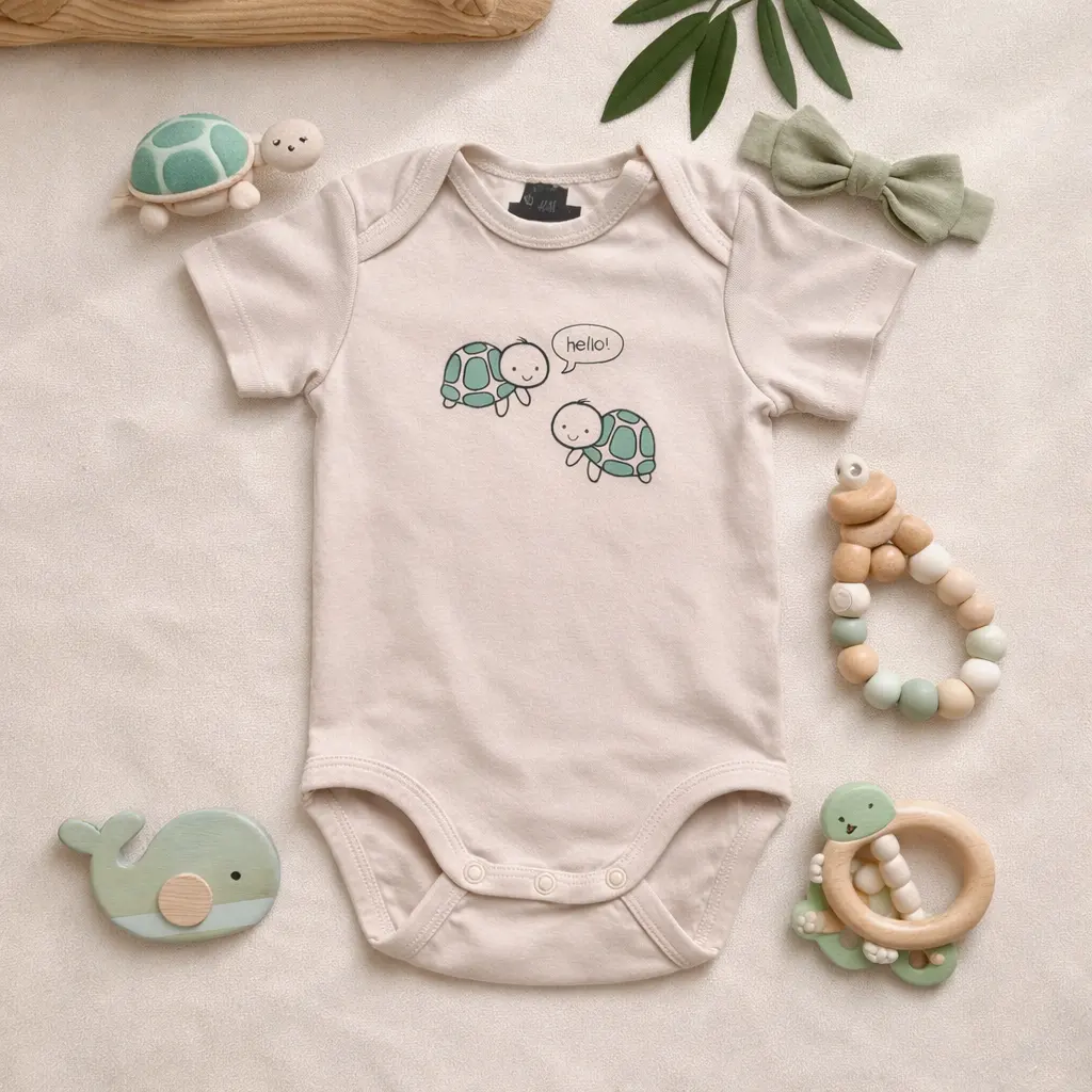 بادی آستین کوتاه وارداتی طرح لاکپشت رنگ کرم برند H&M