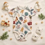 بادی آستین کوتاه وارداتی طرح کریسمسی رنگ شیری برند H&M