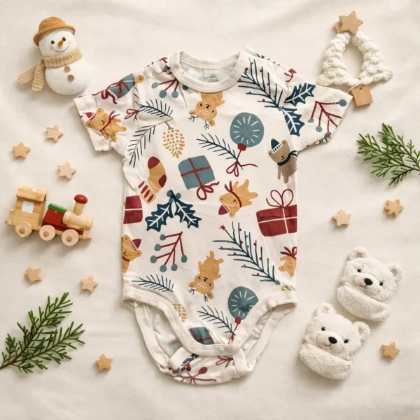 بادی آستین کوتاه وارداتی طرح کریسمسی رنگ شیری برند H&M