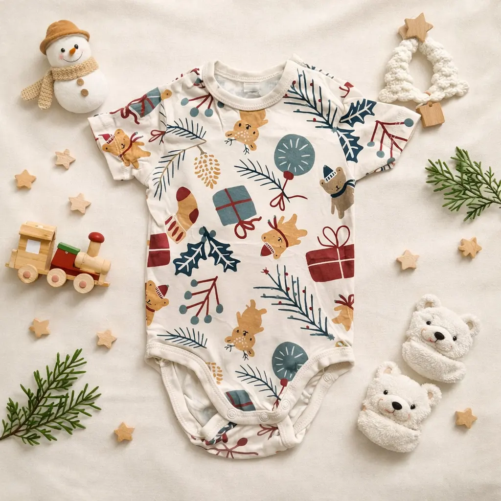 بادی آستین کوتاه وارداتی طرح کریسمسی رنگ شیری برند H&M