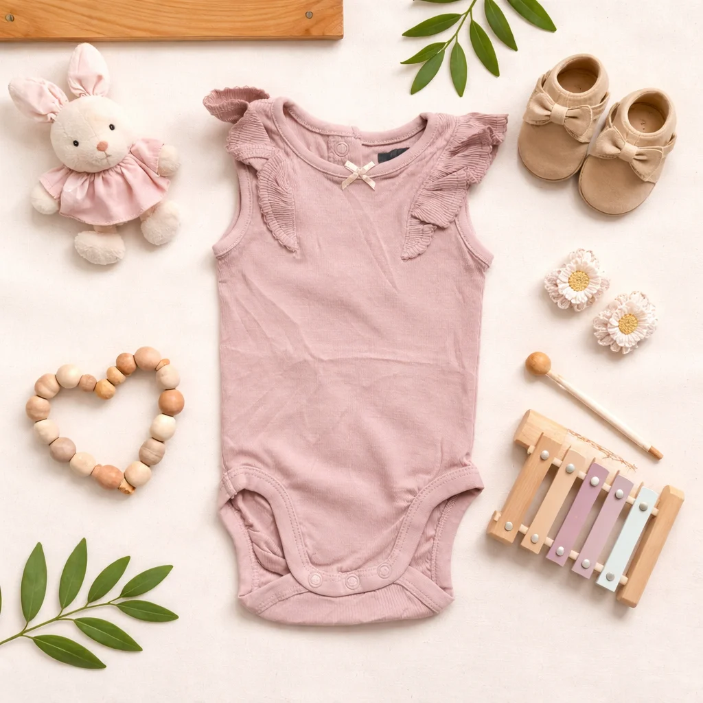 بادی آستین کوتاه وارداتی کبریتی آستین چین دار مدل پاپیونی رنگ صورتی برند H&M