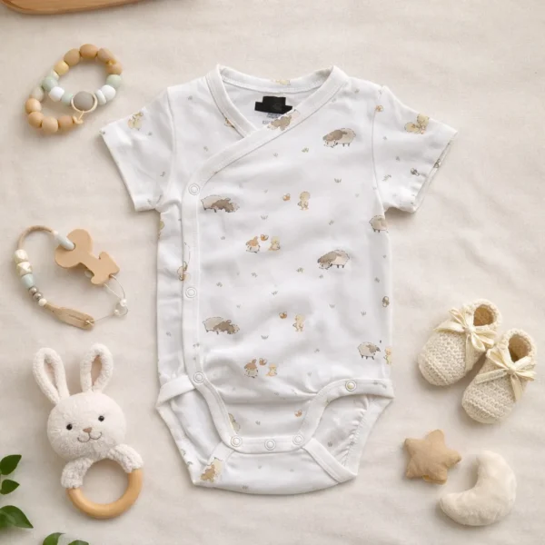 بادی آستین کوتاه وارداتی یقه هفت طرح جوجه و گوسفند رنگ سفید برند H&M