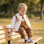 تن خور ست 3 تیکه وارداتی پسرانه بلوز و شلوار کبریتی و ژاکت طرح تدی رنگ قهوه ای روشن-کرم