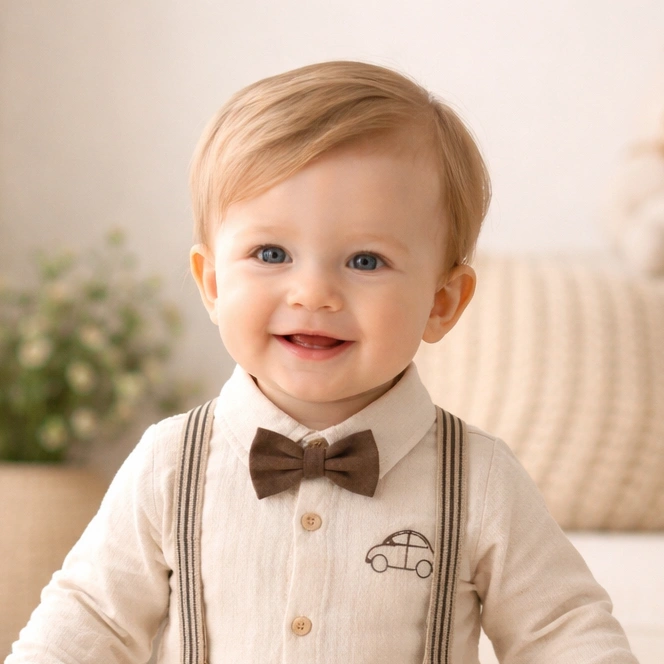 تن خور ست پسرانه ۴ تیکه وارداتی ترک بادی شلوار به همراه پاپیون و ساس بند طرح ماشین ساده رنگ کرم قهوه ای برند CARAVAN BABY