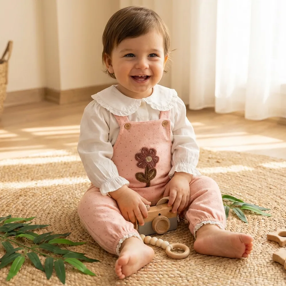 خرید ست 2 تیکه دخترانه وارداتی ترک بلوز و بیلر طرح گل رنگ صورتی -سفید برند bobby baby