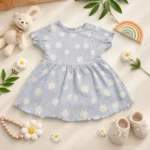 سارافون نوزادی مدل چین دار موسلین طرح گل بابونه برند لوپیلو