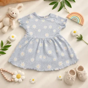 سارافون نوزادی مدل چین دار موسلین طرح گل بابونه برند لوپیلو