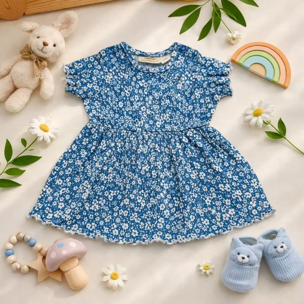 سارافون نوزادی مدل چین دار موسلین طرح گل رنگ آبی برند لوپیلو