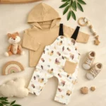 ست 2 تیکه وارداتی ترک هودی و بیلر طرح جنگلی رنگ شیری - خردلی برند vivido