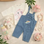 ست 2 تیکه وارداتی دخترانه بلوز طرح روباه و بیلر جین بالدار رنگ سفید-آبی برند honey baby