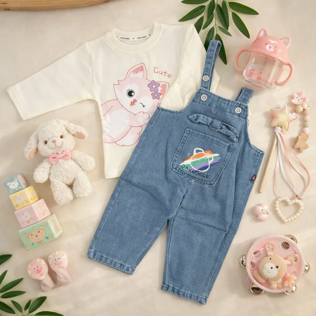 ست 2 تیکه وارداتی دخترانه بلوز طرح روباه و بیلر جین بالدار رنگ سفید-آبی برند honey baby