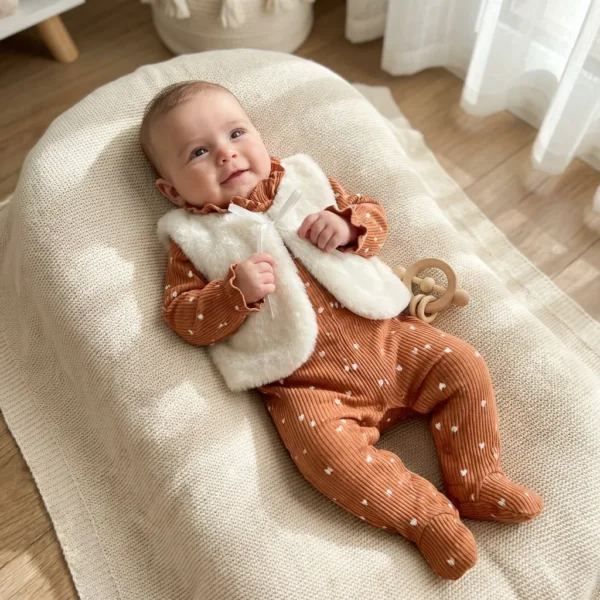 ست 2تیکه دخترانه وارداتی ترک سرهمی جوراب دار کبریتی و کت خز طرح گلدار رنگ شتری-ش