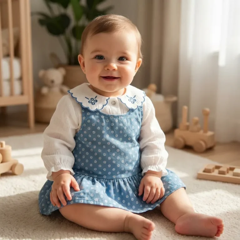 ست دخترانه وارداتی ترک بلوز و سارافون طرح گلدار آبی سفید برند Bobby Baby