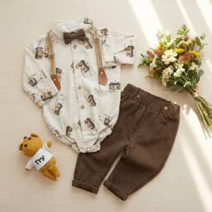 ست پسرانه 4 تیکه وارداتی ترک بادی شلوار به همراه پاپیون و ساس بند طر