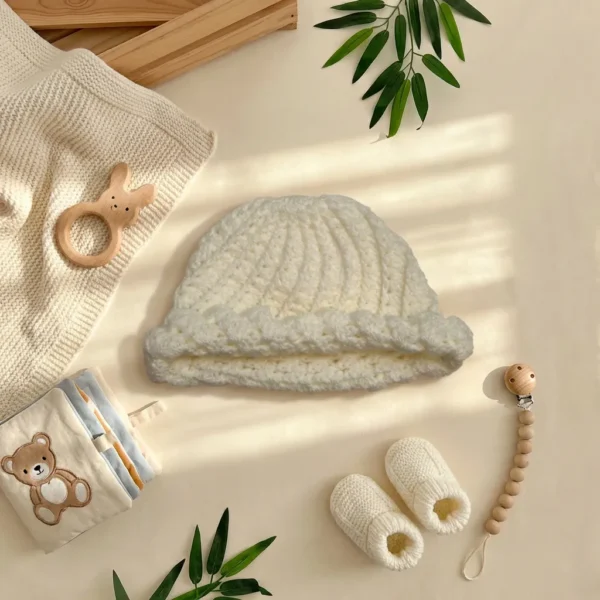 کلاه نوزادی دست بافت رنگ شیری کد 10481