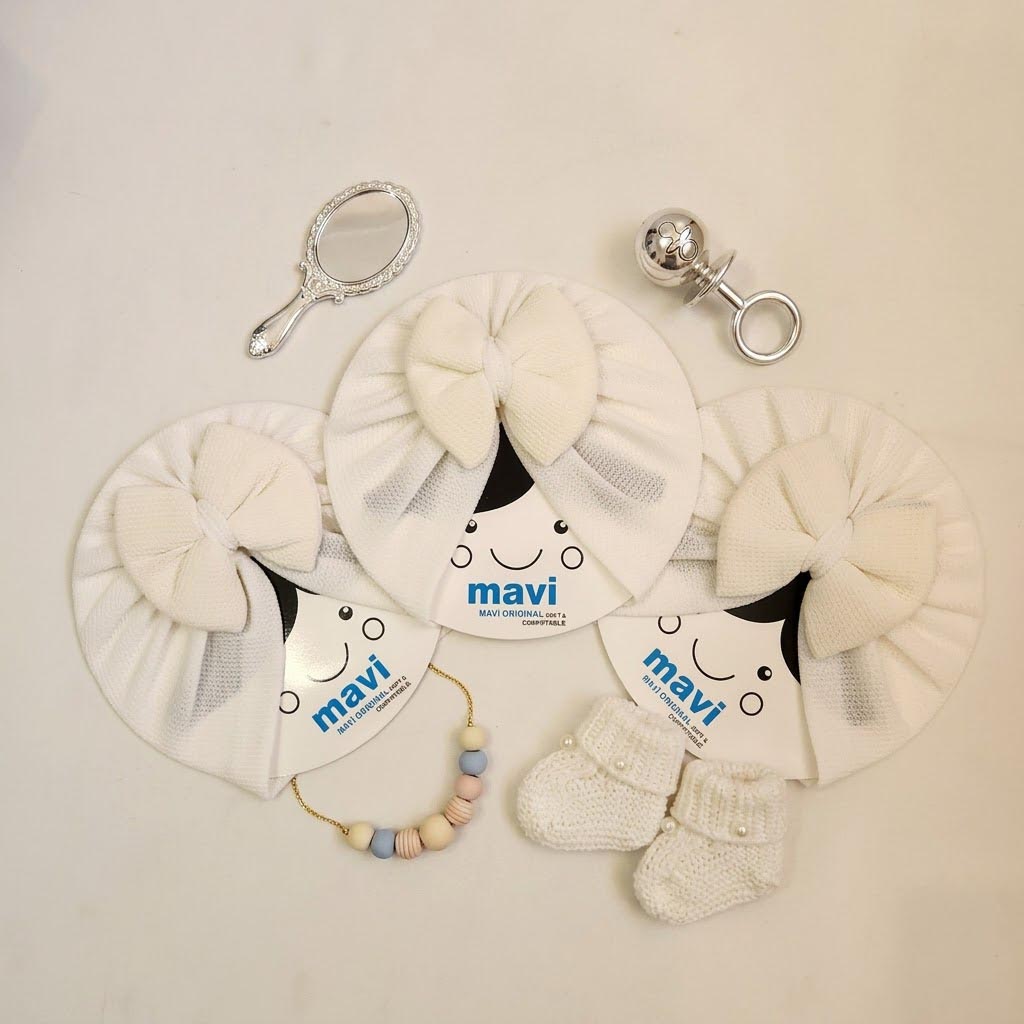 توربان دخترانه پاپیون دار بیسکوییتی رنگ سفید برند ماوی