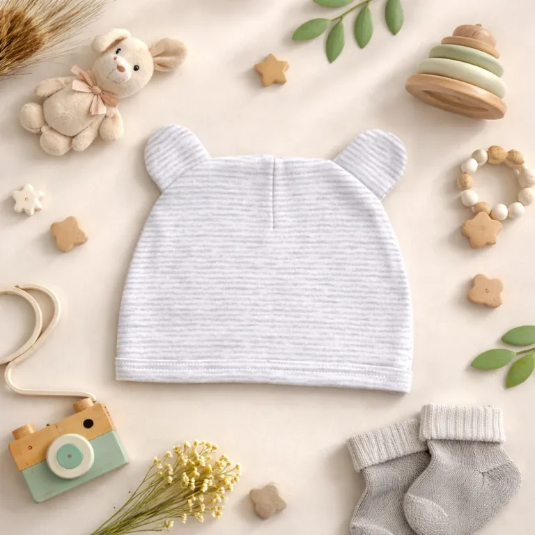 کلاه نوزادی گوش دار طرح راه راه سفید طوسی کد 10529