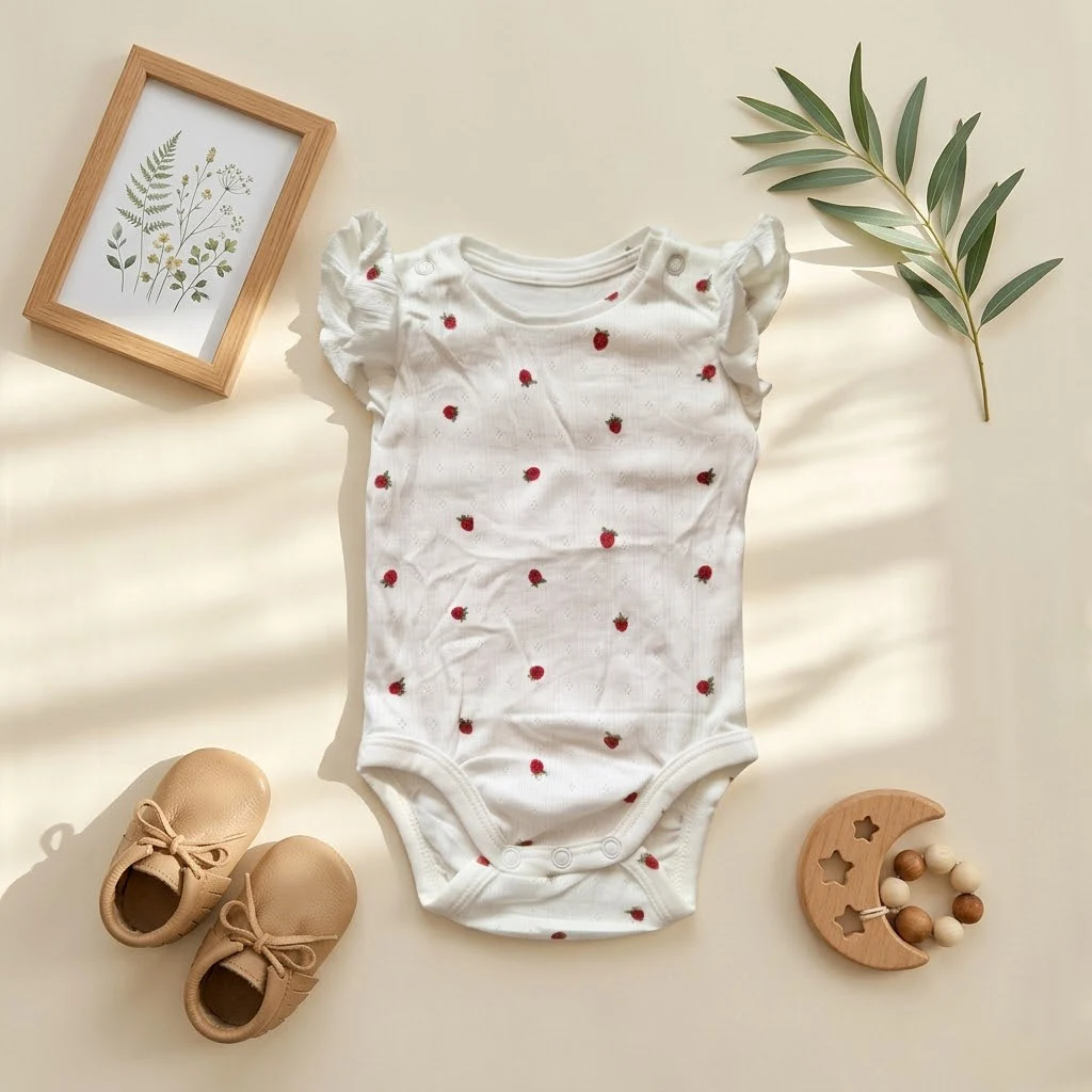 بادی آستین کوتاه وارداتی آستین چین دار طرح توت فرنگی رنگ سفید برند H&M