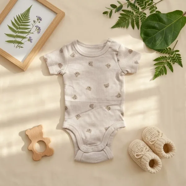 بادی آستین کوتاه وارداتی کبریتی طرح تدی رنگ کرم برند H&M