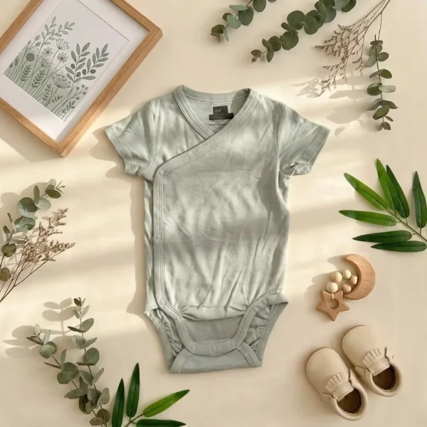 بادی آستین کوتاه وارداتی یقه هفت ساده رنگ سبز پسته ای برند H&M