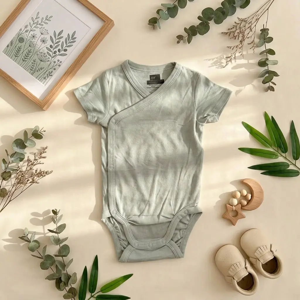 بادی آستین کوتاه وارداتی یقه هفت ساده رنگ سبز پسته ای برند H&M