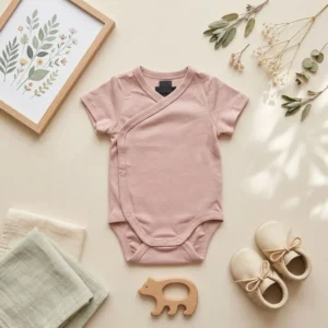 بادی آستین کوتاه وارداتی یقه هفت ساده رنگ صورتی روشن برند H&M