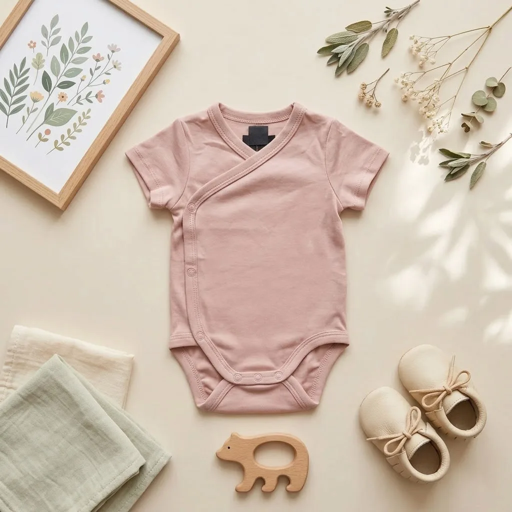 بادی آستین کوتاه وارداتی یقه هفت ساده رنگ صورتی روشن برند H&M