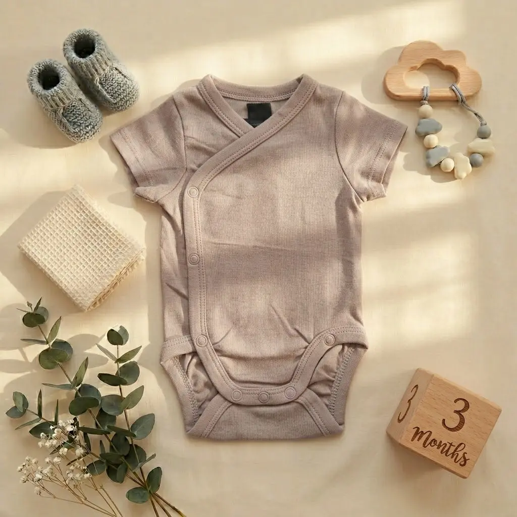 بادی آستین کوتاه وارداتی یقه هفت ساده رنگ کرم برنز برند H&M