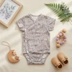 بادی آستین کوتاه وارداتی یقه هفت طرح گل گلی رنگ سفید برند H&M