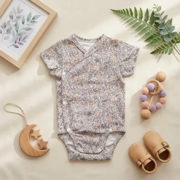 بادی آستین کوتاه وارداتی یقه هفت طرح گل گلی رنگ سفید برند H&M