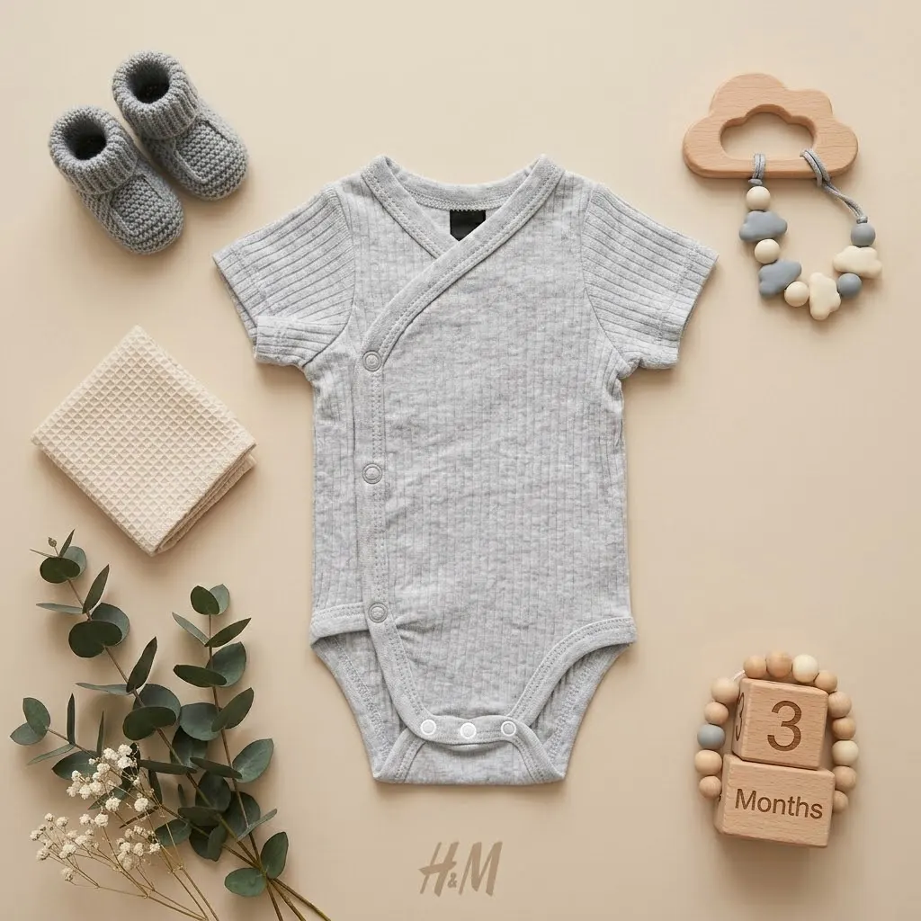 بادی آستین کوتاه وارداتی یقه هفت کبریتی ساده رنگ طوسی برند H&M